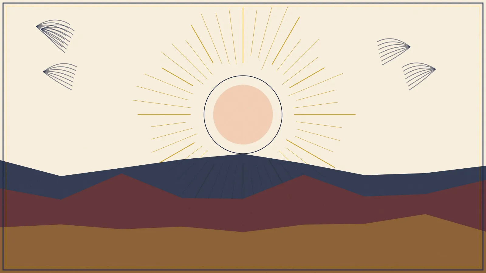 A woodcut sun rising over layered ranges, framed by palm fronds.