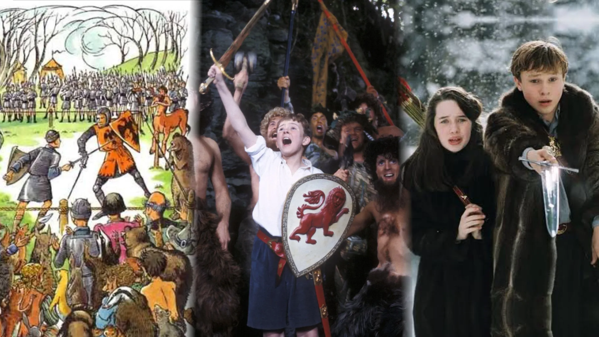 A triptych of three Narnia adaptations: an illustrated battle scene, Peter raising his sword among fauns and centaurs in the BBC serial, and Susan and Peter armed in the snow in the Walden film.