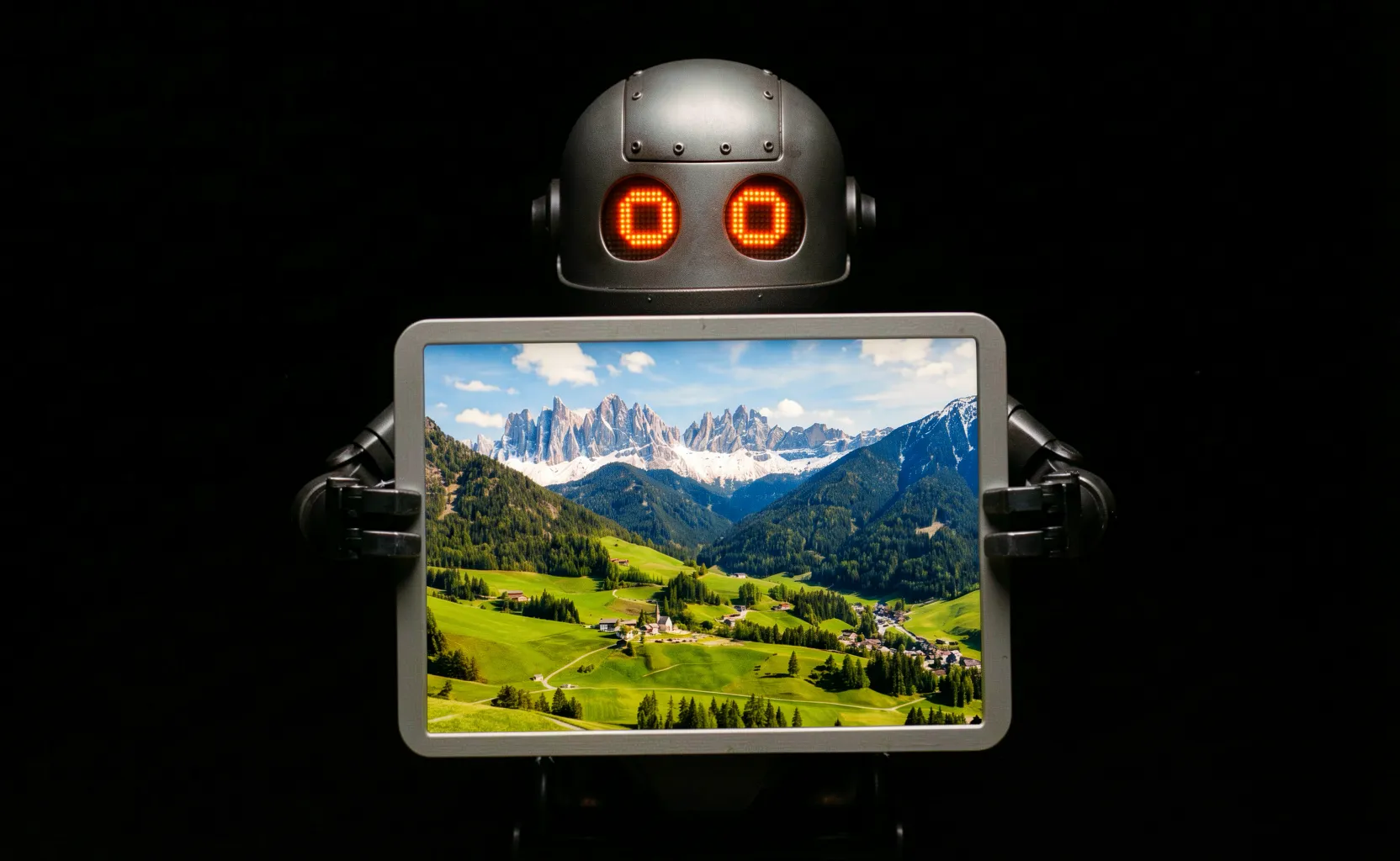 This AI generated image of a robot holding a picture of a landscape would fail the publisher's test. Even though it's a pretty cute robot…