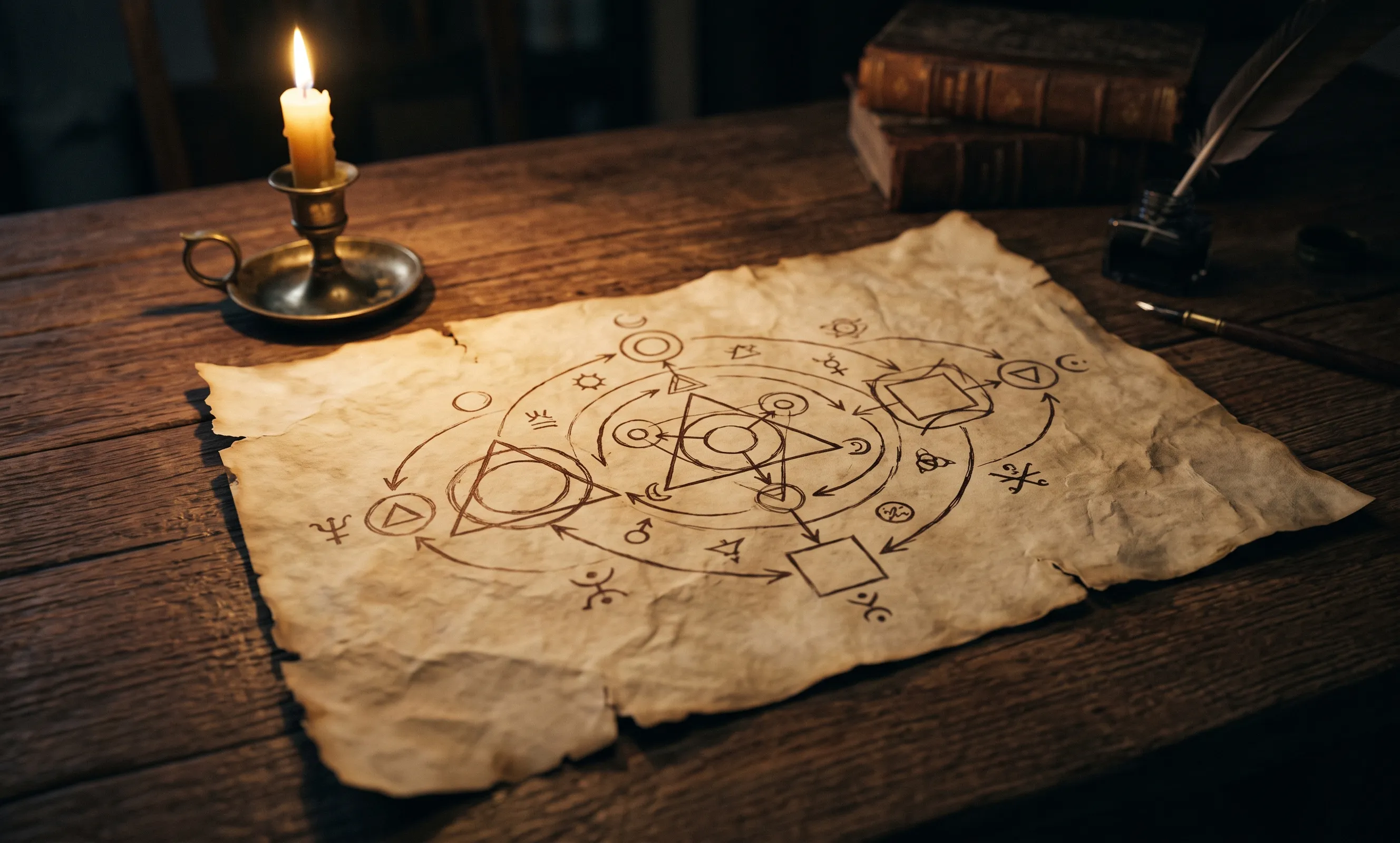An old parchment lies on a table, upon which a series of sketches seems to depict the schematic of a magical system.