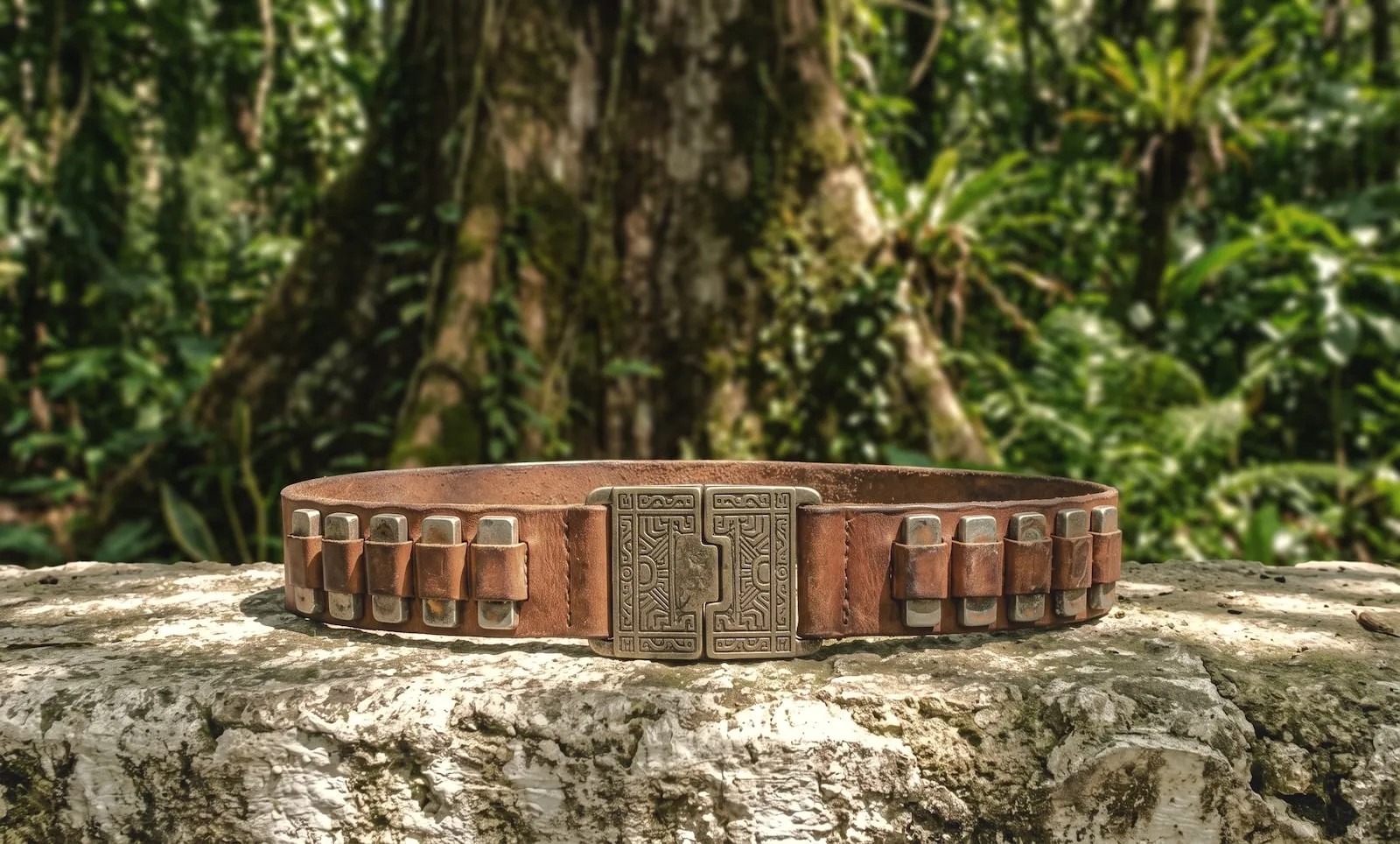 A large leather belt with a set of tarnished old metal ingots fastened to it lies on a stone wall in the jungle.