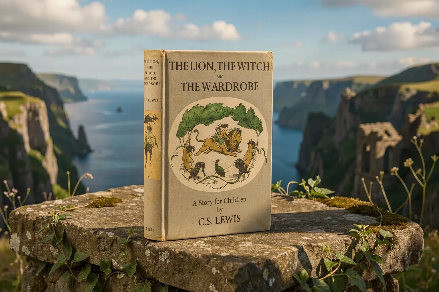 An early edition of the Lion, the Witch, and the Wardrobe standing on an old stone with an ocean view behind it.