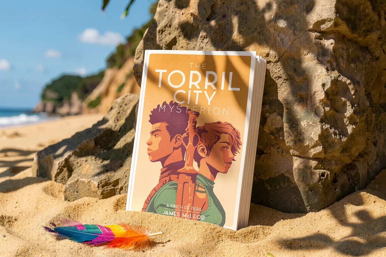 Cover of The Torril City Mysterion: A Pinch of Peril, showing two figures back to back in modern-cut clothing either side of an upright dagger whose handle is carved into a human figure, against an orange sky.